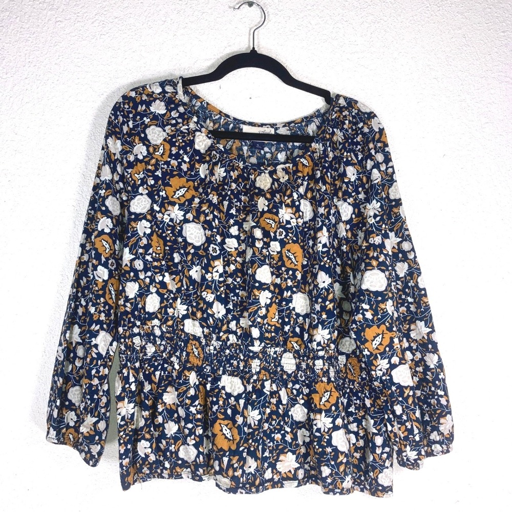 Universal Thread Floral Smocked Peplum Blouse Navy Mustard XL 013025881